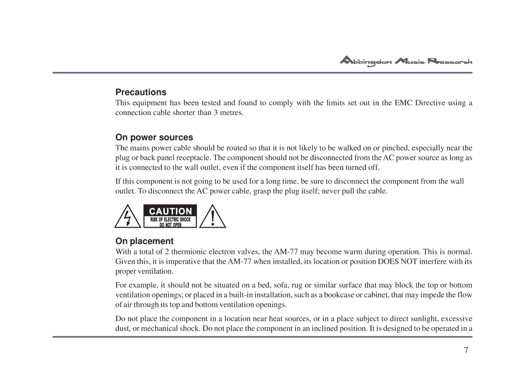 Univex AM-77 owner manual Precautions, On power sources, On placement 