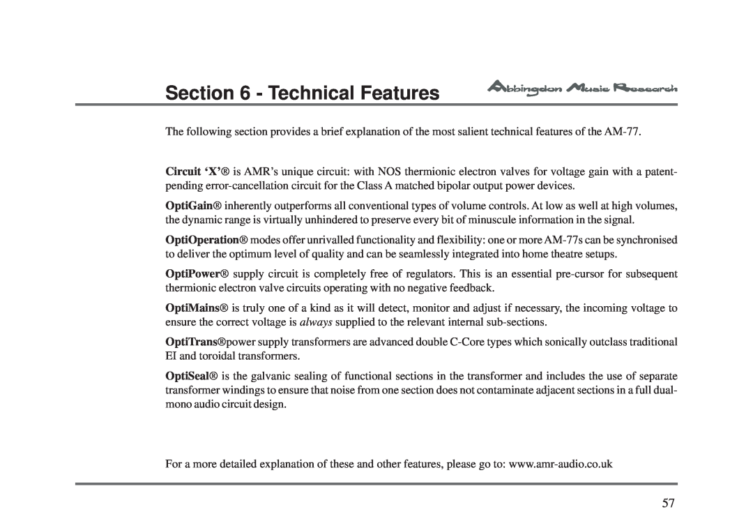 Univex AM-77 owner manual Technical Features 