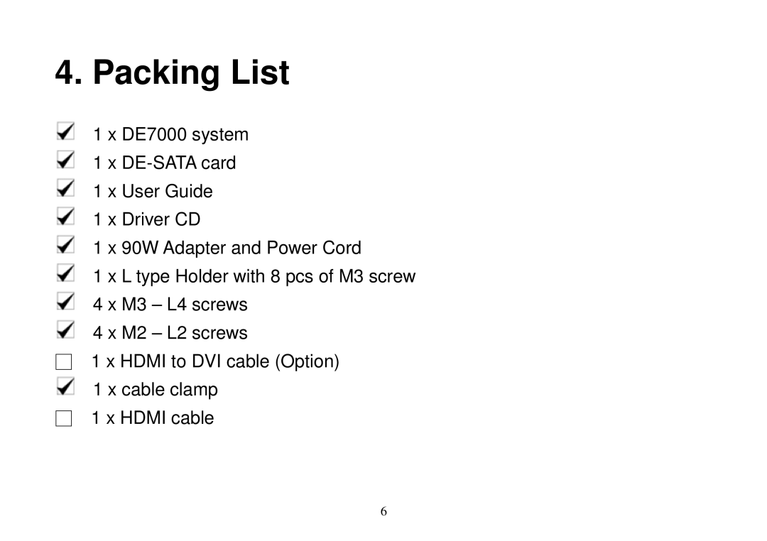 Univex DE2700, 91ADE01F240 manual Packing List 