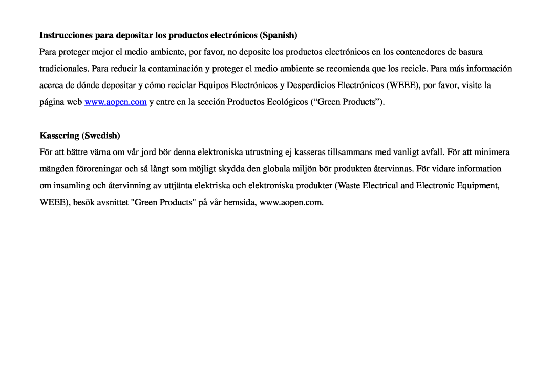 Univex DE2700, 91ADE01F240 manual Instrucciones para depositar los productos electrónicos Spanish, Kassering Swedish 