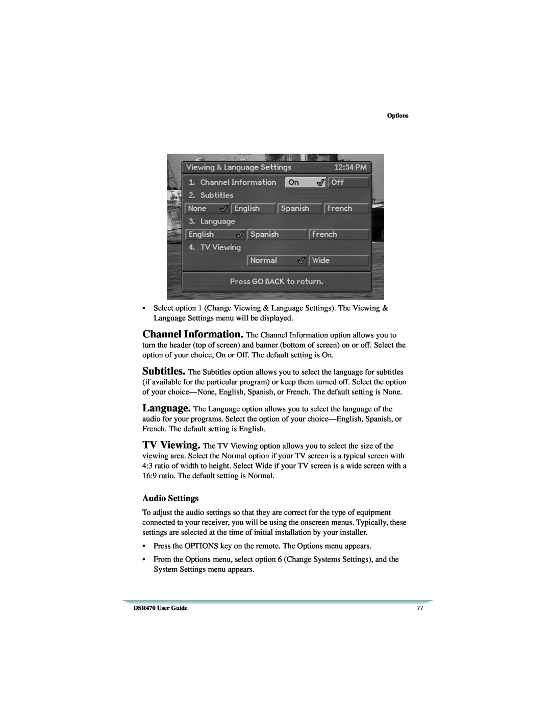 Univex manual Audio Settings, Options, DSR470 User Guide 