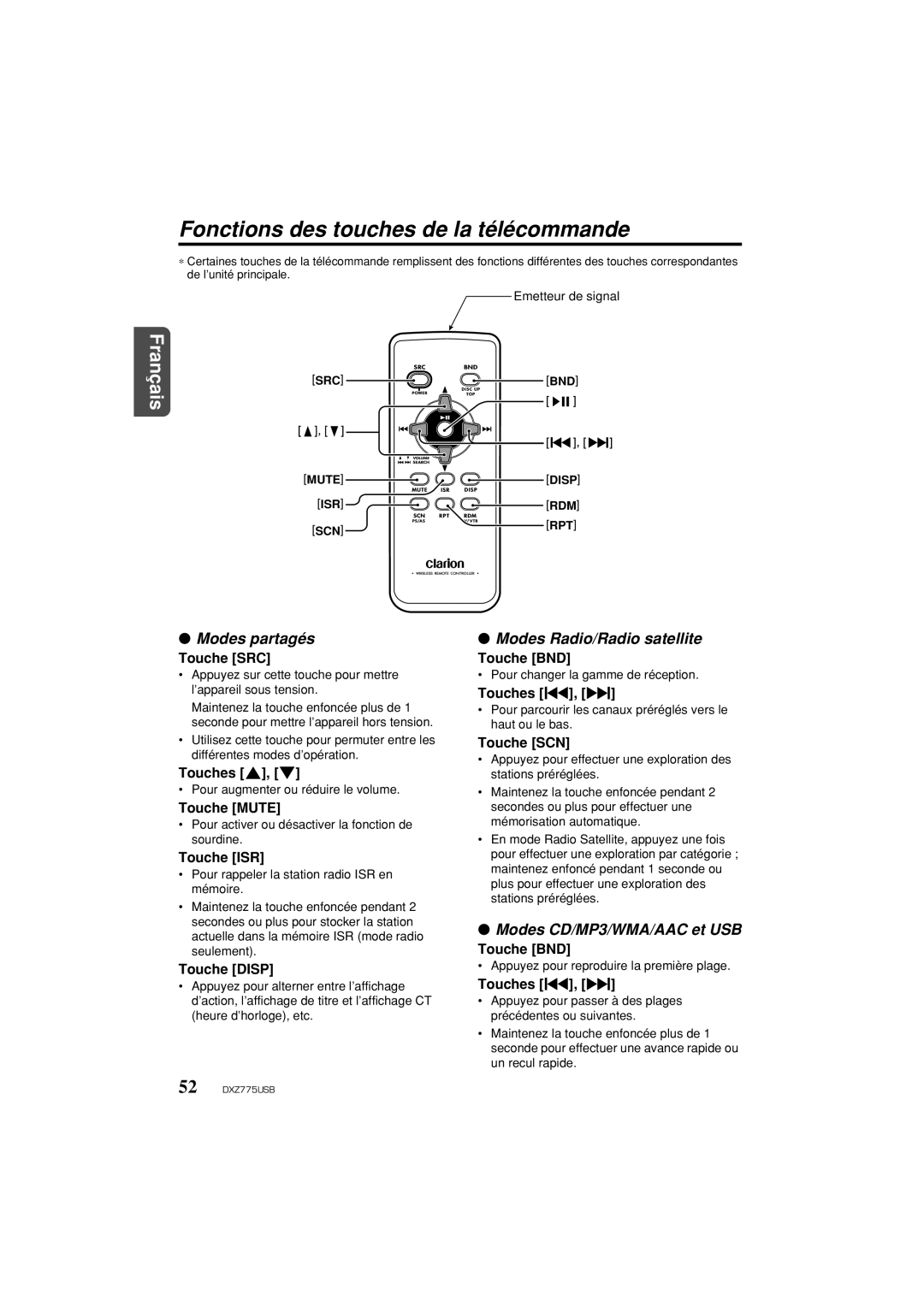 Univex DXZ775USB owner manual Fonctions des touches de la télécommande, Modes partagés, Modes Radio/Radio satellite 