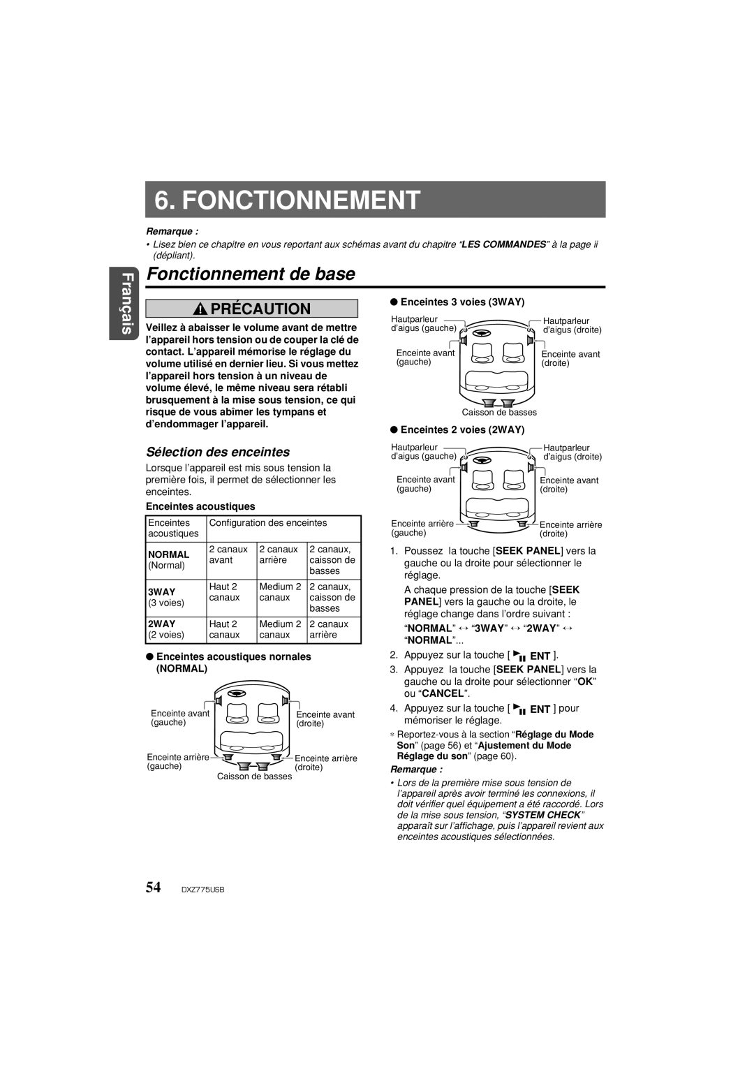 Univex DXZ775USB owner manual Fonctionnement de base, Sélection des enceintes, Normal 