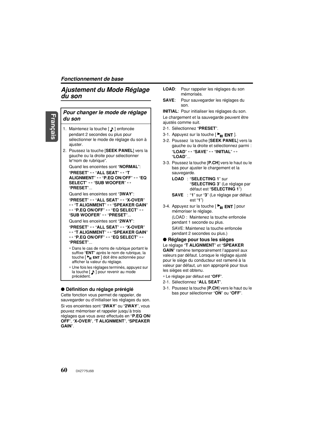 Univex DXZ775USB Pour changer le mode de réglage du son, Définition du réglage préréglé, Réglage pour tous les sièges 
