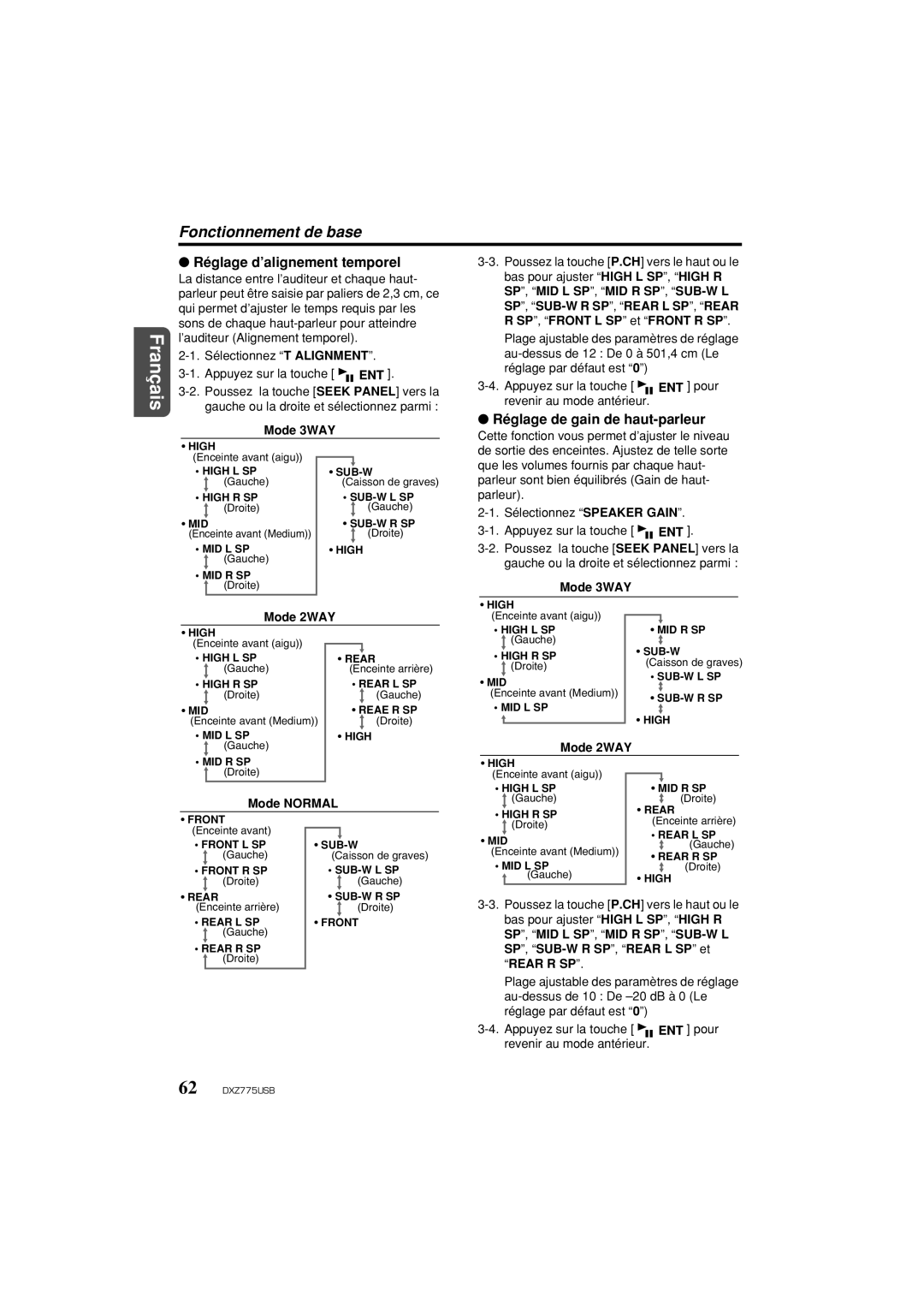Univex DXZ775USB Réglage d’alignement temporel, Réglage de gain de haut-parleur, Mode 3WAY Mode 2WAY, Mode Normal 