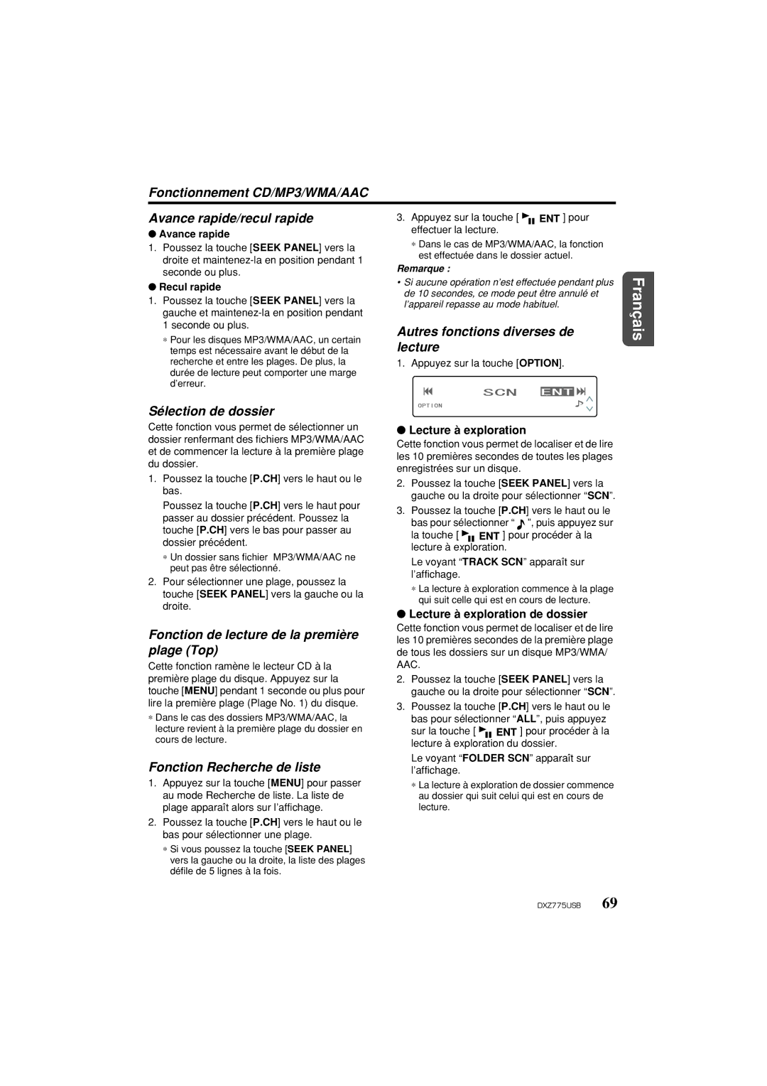 Univex DXZ775USB Fonctionnement CD/MP3/WMA/AAC Avance rapide/recul rapide, Autres fonctions diverses de, Lecture 