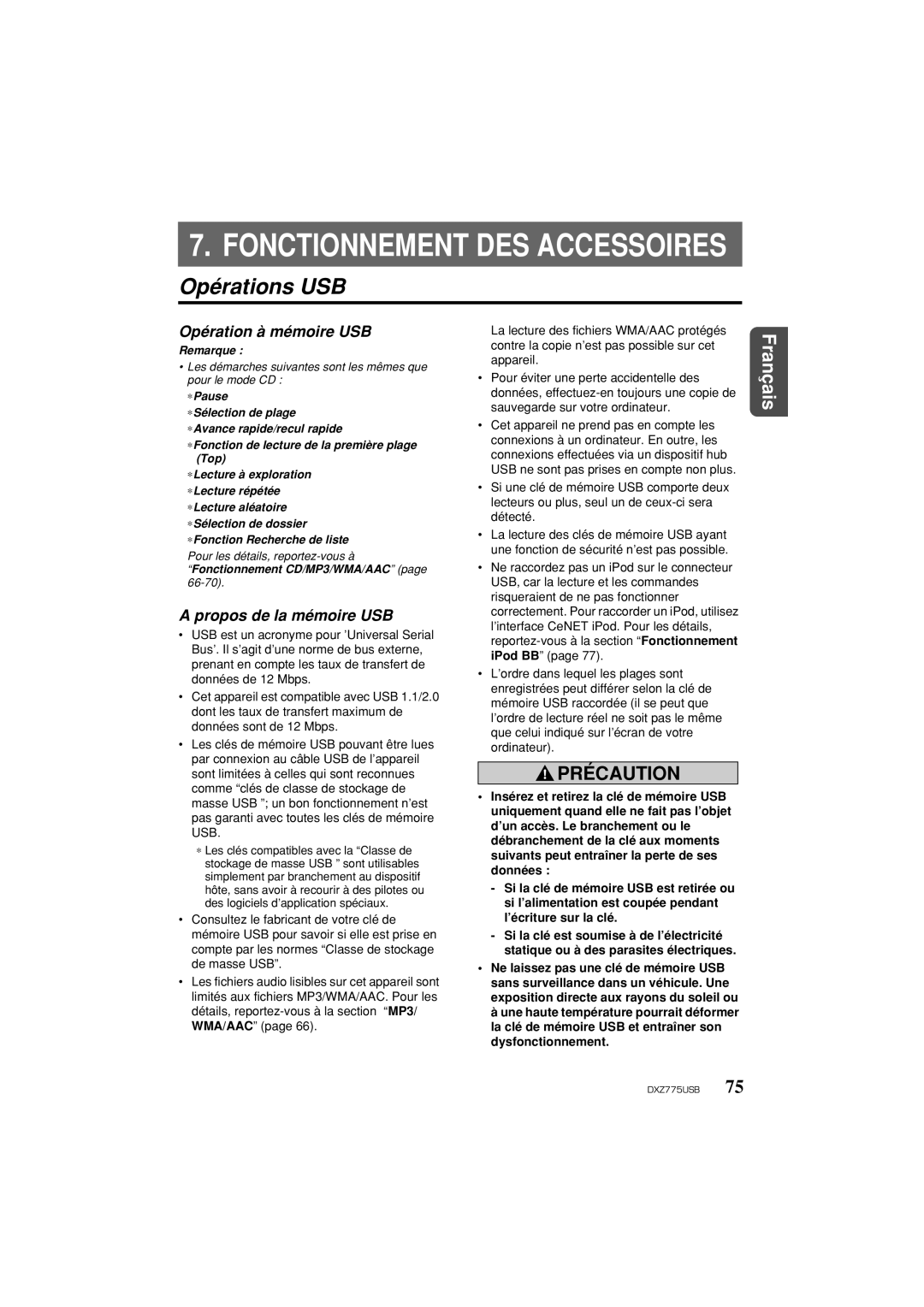 Univex DXZ775USB owner manual Opérations USB, Opération à mémoire USB, Propos de la mémoire USB 