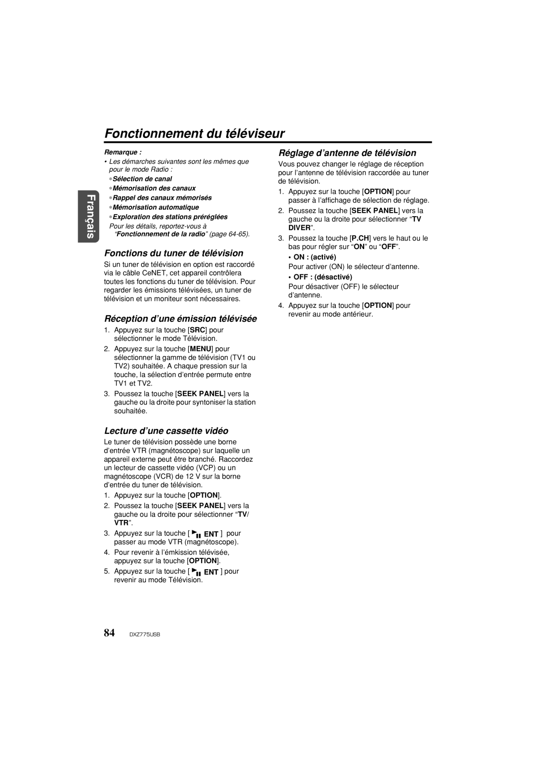 Univex DXZ775USB Fonctionnement du téléviseur, Fonctions du tuner de télévision, Réception d’une émission télévisée 