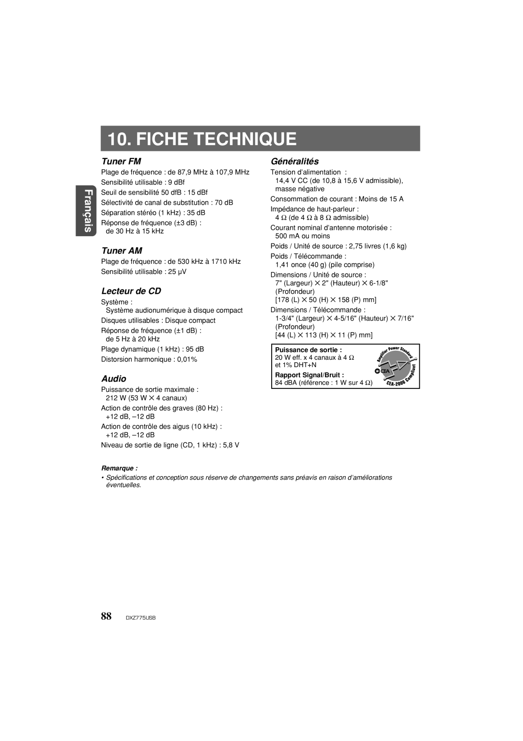 Univex DXZ775USB owner manual Fiche Technique 