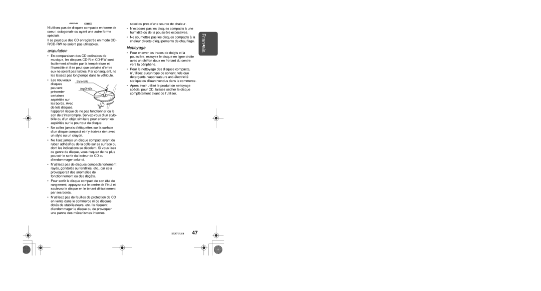 Univex DXZ775USB owner manual Manipulation des disques compacts, Rangement, Nettoyage, Les nouveaux disques 