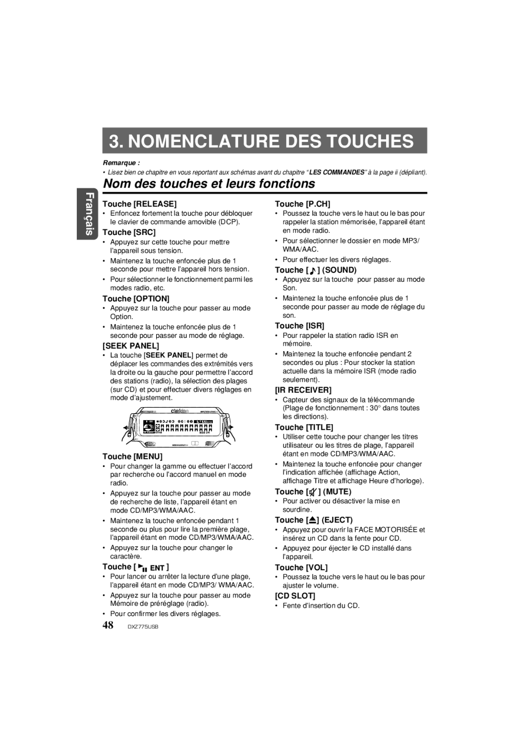 Univex DXZ775USB owner manual Nomenclature DES Touches, Nom des touches et leurs fonctions 