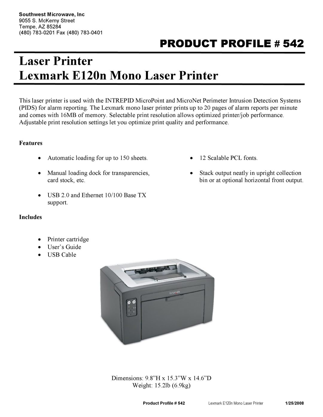 Univex dimensions Laser Printer Lexmark E120n Mono Laser Printer, Features, Includes 