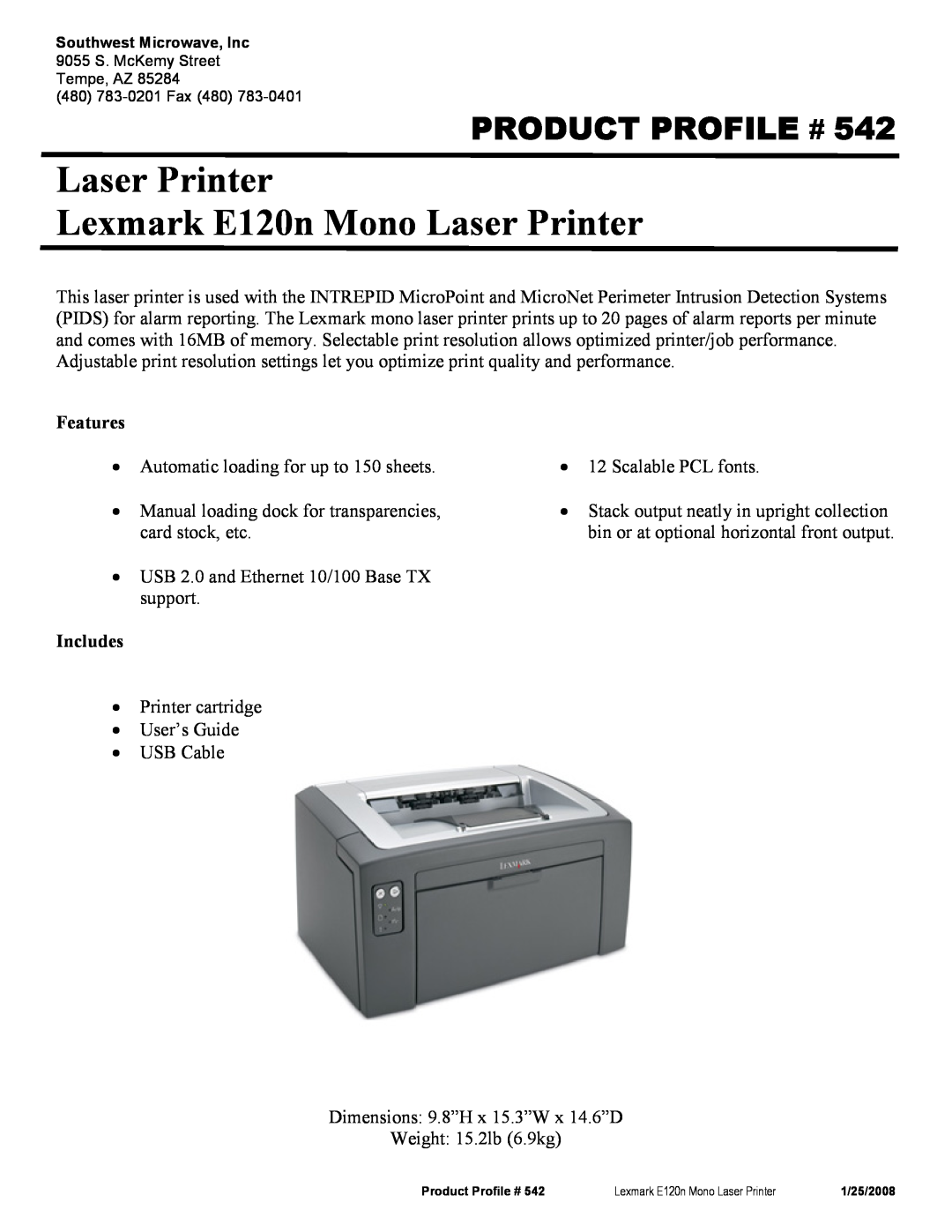Univex dimensions Laser Printer Lexmark E120n Mono Laser Printer, Product Profile #, Features, Includes 
