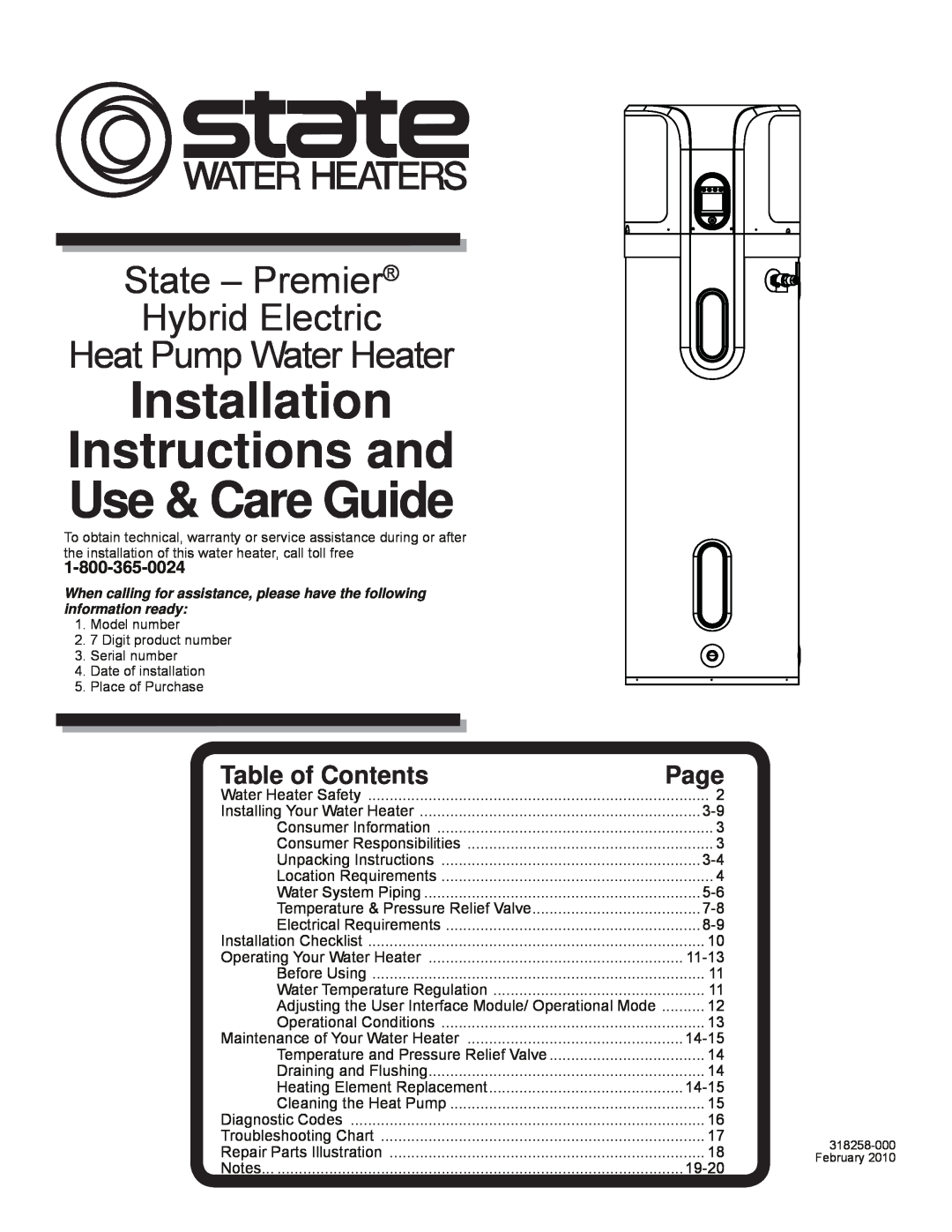 Univex 318258-000 installation instructions Installation Instructions and Use & Care Guide, Heat Pump Water Heater, Page 