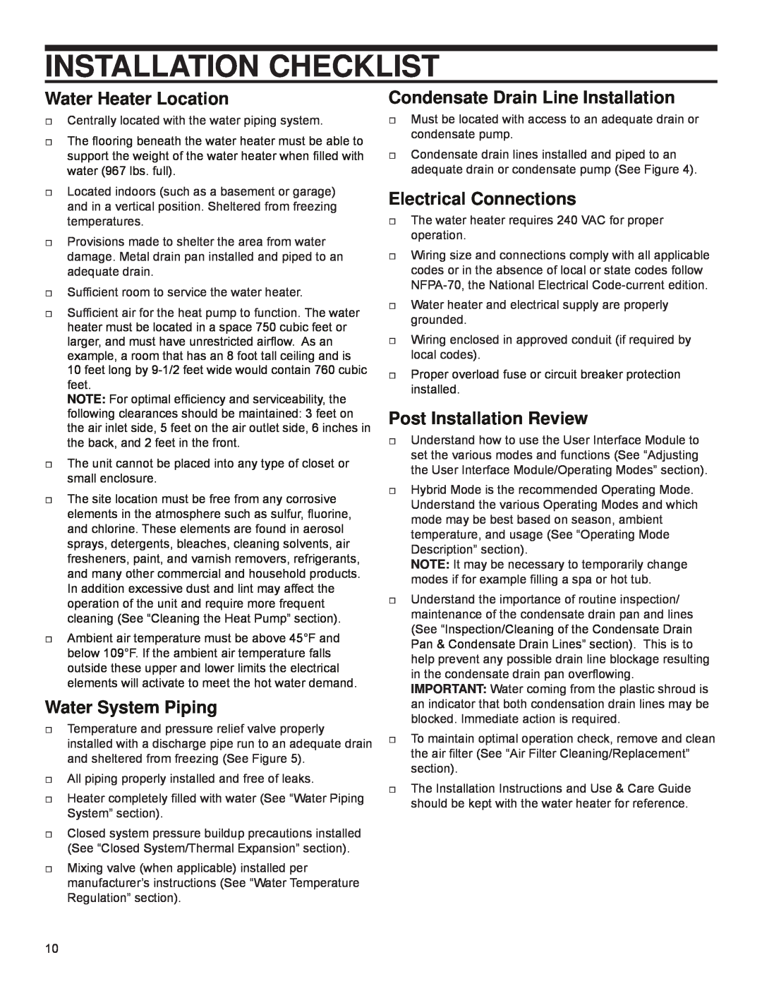 Univex EPX-80DHPT, 318258-000 Installation Checklist, Water Heater Location, Water System Piping, Electrical Connections 