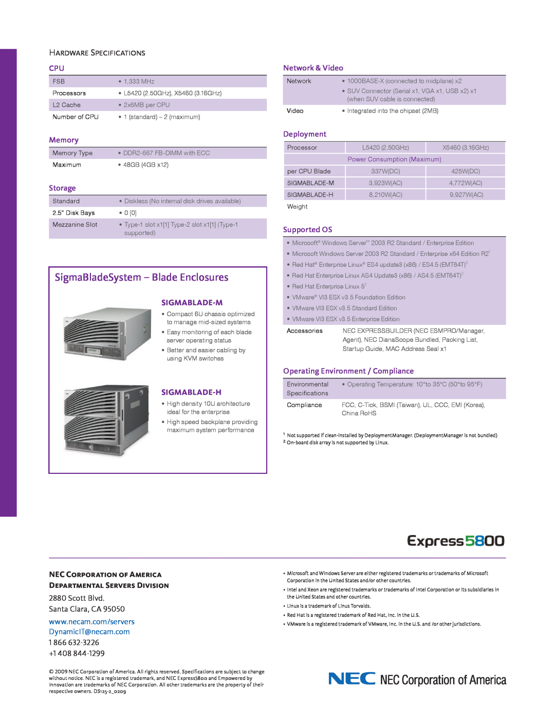 Univex Express5800 manual SigmaBladeSystem - Blade Enclosures, Hardware Specifications, Network & Video, Memory, Storage 