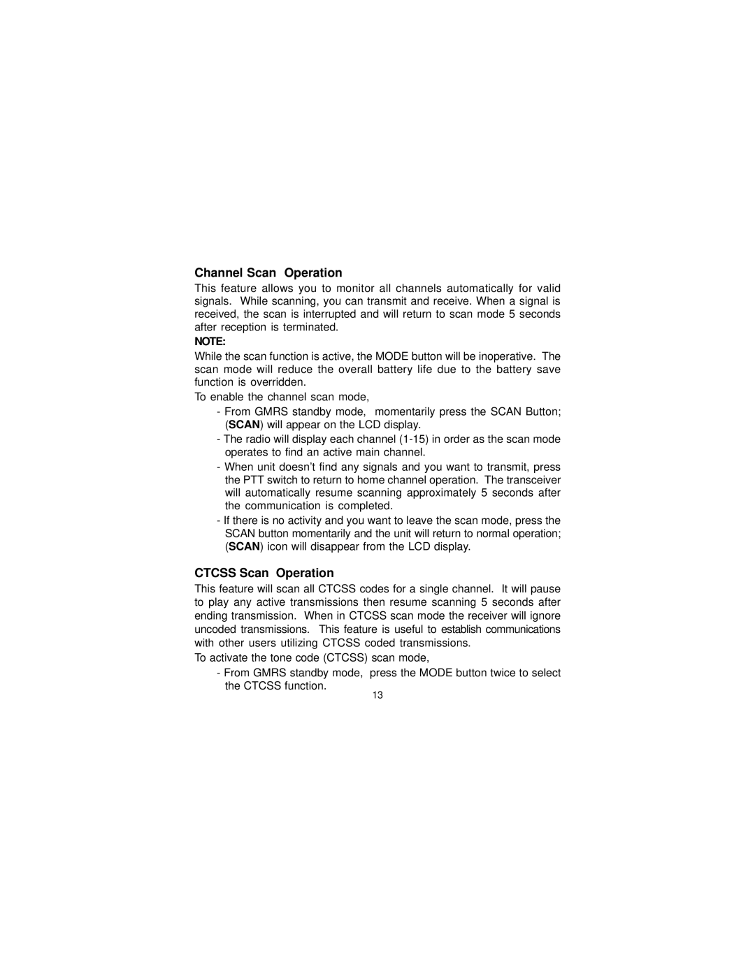 Univex GMRS1535, GMRS-1535 owner manual Channel Scan Operation, Ctcss Scan Operation 