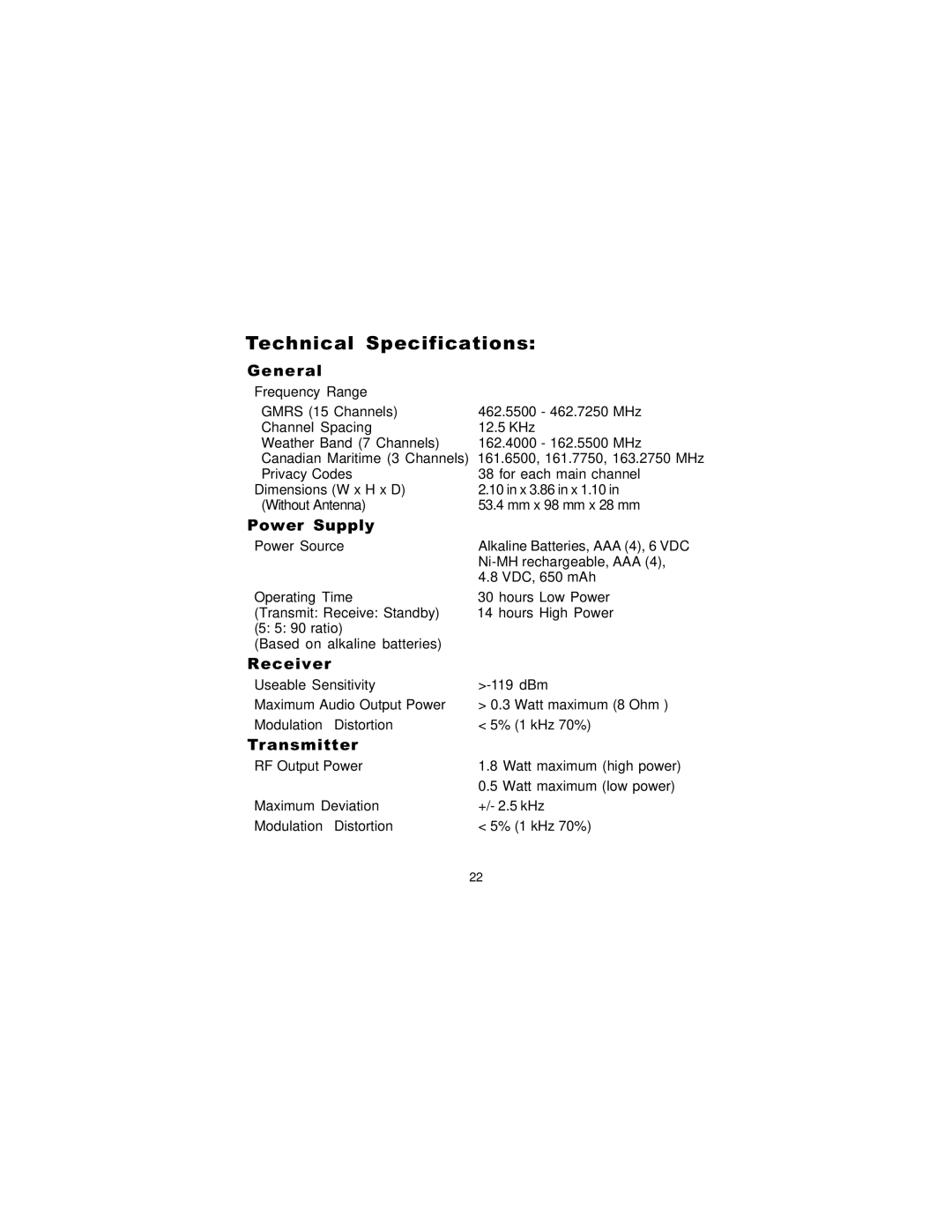 Univex GMRS-1535, GMRS1535 owner manual Technical Specifications 