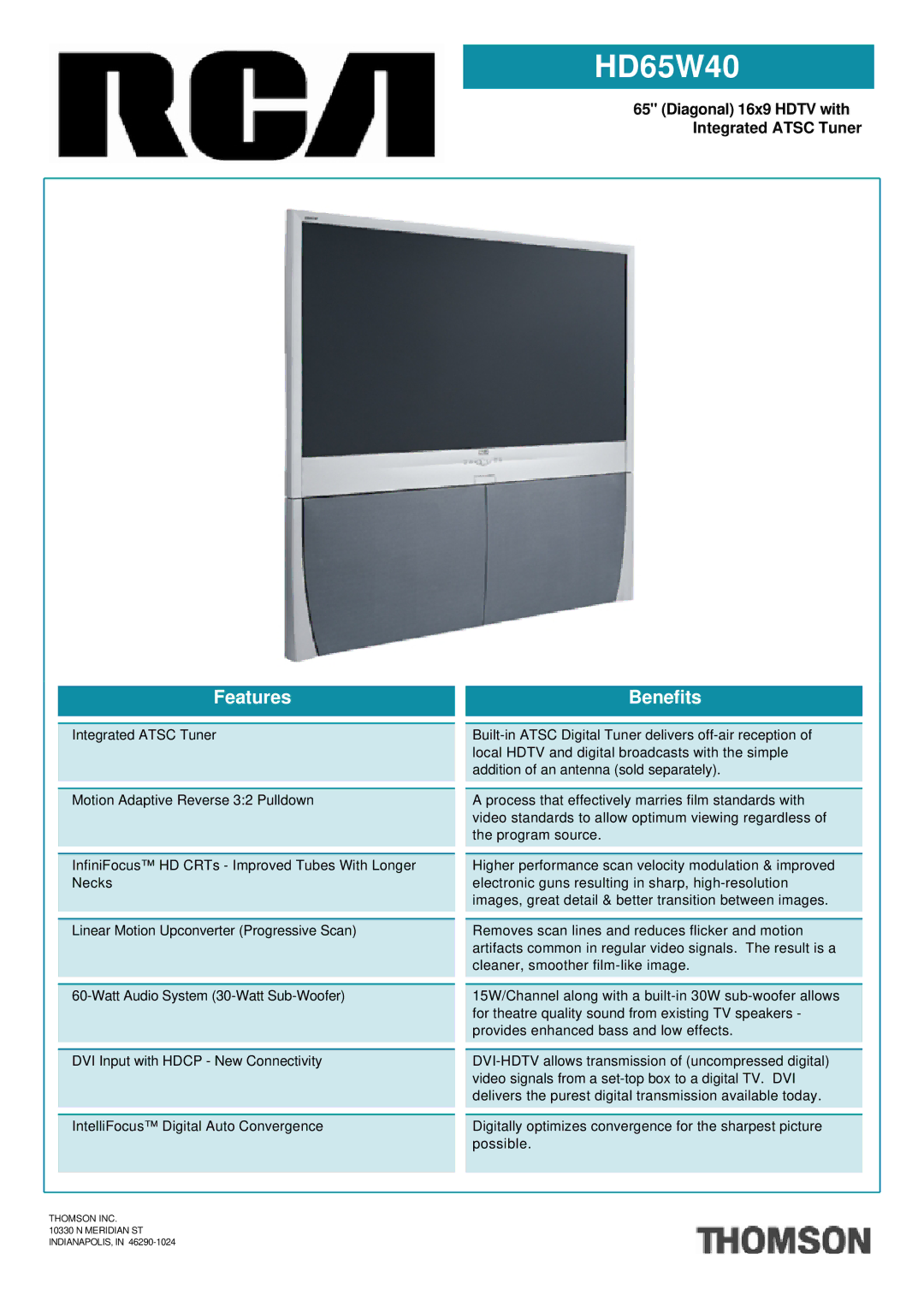 Univex HD65W40 manual Features, Benefits, Thomson INC Meridian ST INDIANAPOLIS 