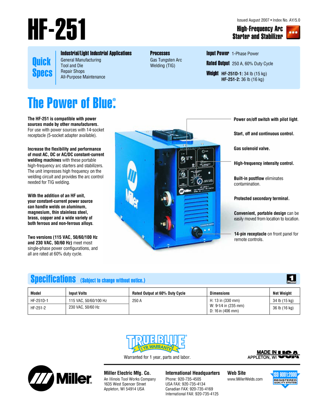 Univex HF-251 specifications High-Frequency Arc Starter and Stabilizer, Miller Electric Mfg. Co, Web Site 