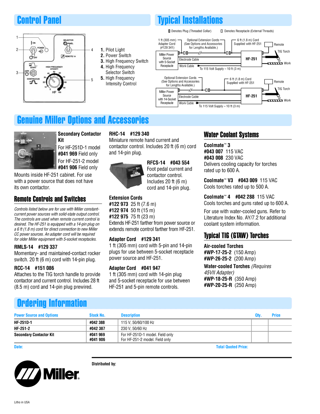 Univex HF-251 Control Panel, Genuine Miller Options and Accessories, Ordering Information, Water Coolant Systems 