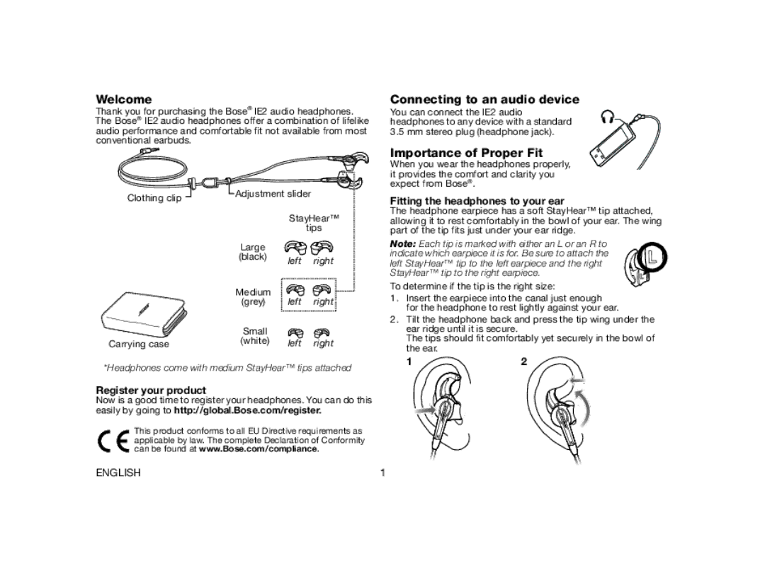 Univex AM327411, IE2HEADPHONE manual Welcome, Connecting to an audio device, Importance of Proper Fit, Register your product 