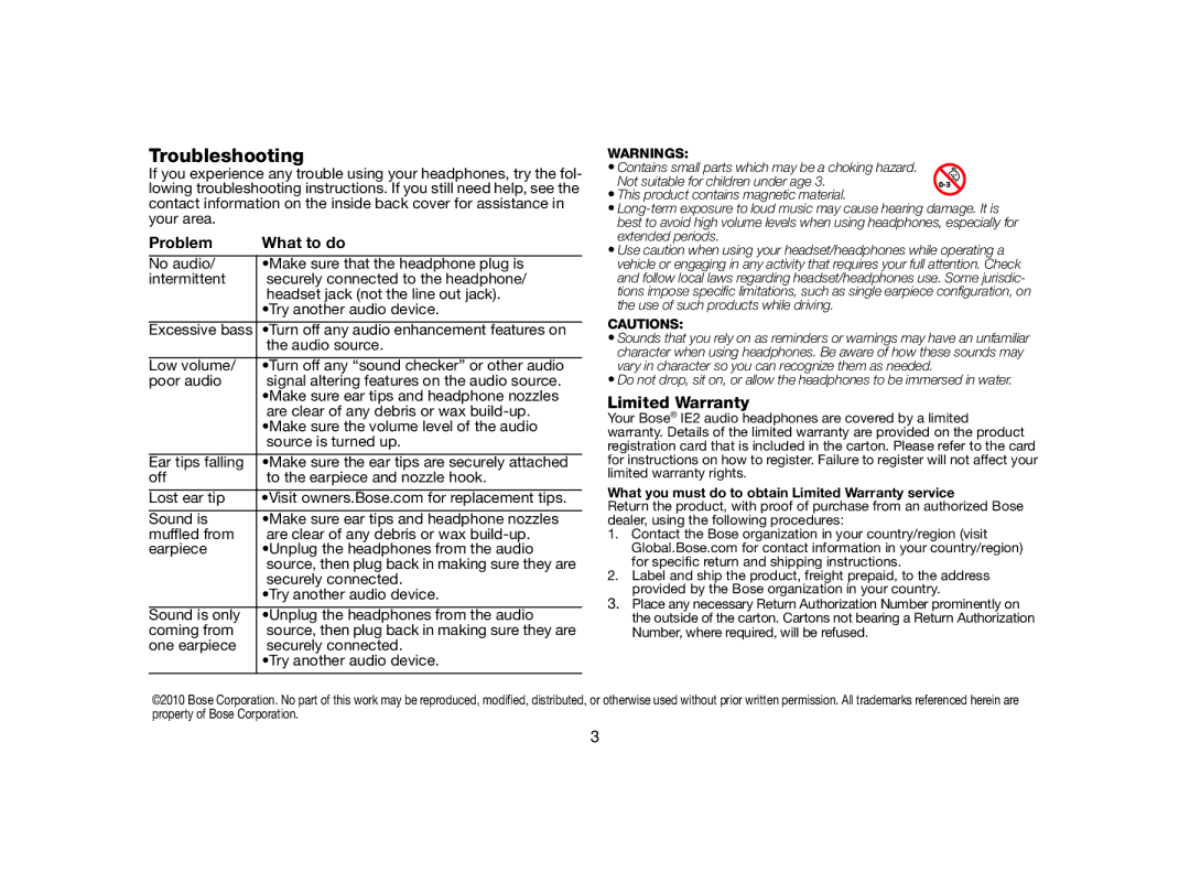 Univex IE2HEADPHONE, AM327411 manual Troubleshooting, Problem What to do, Limited Warranty 