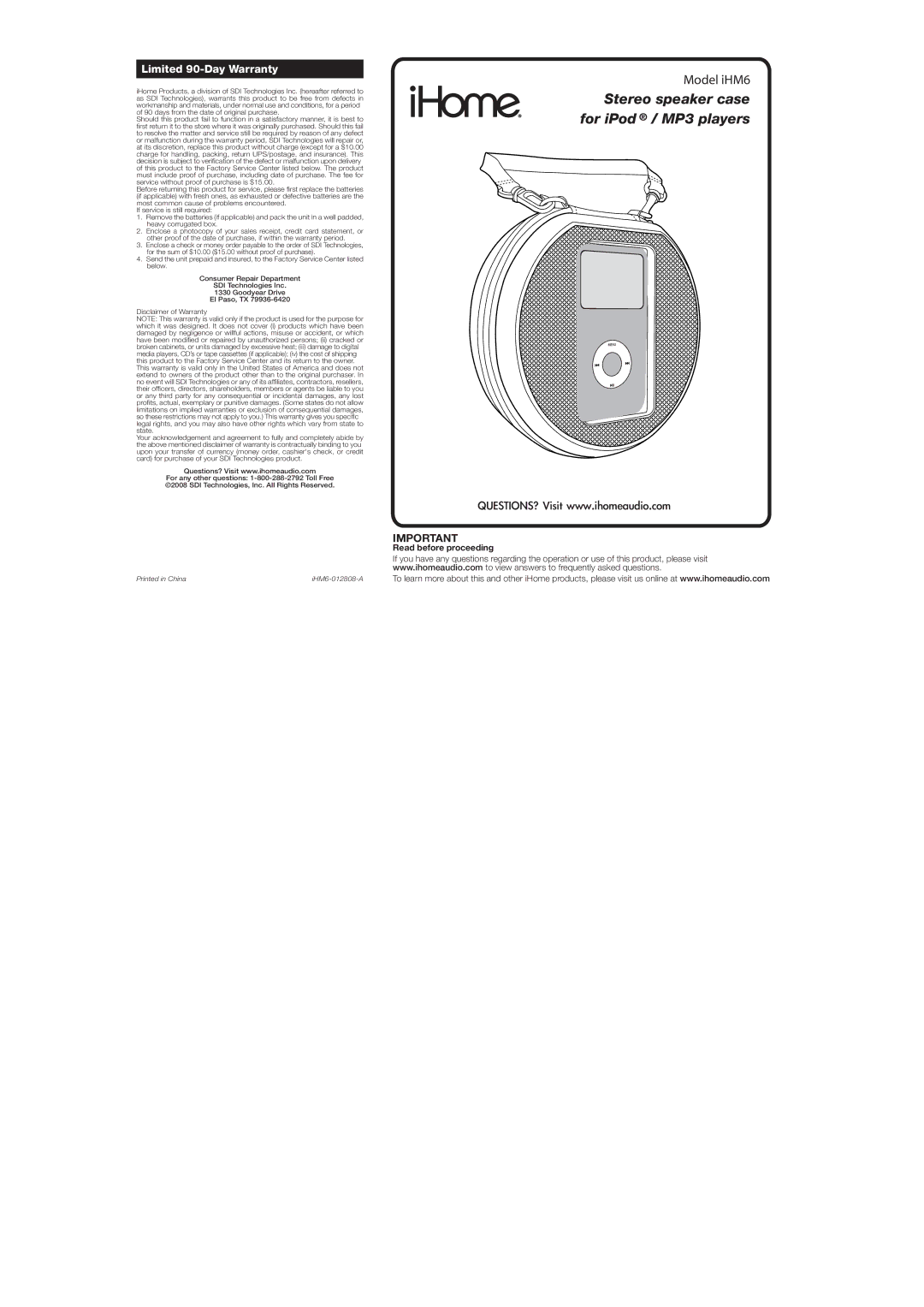 Univex iHM6 IB warranty Stereo speaker case for iPod / MP3 players, Limited 90-Day Warranty, Read before proceeding 