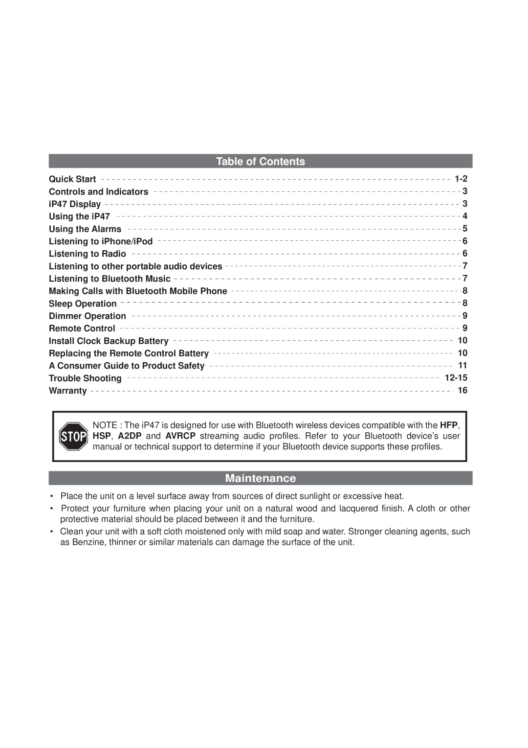 Univex iP47 IB manual Table of Contents, Maintenance 