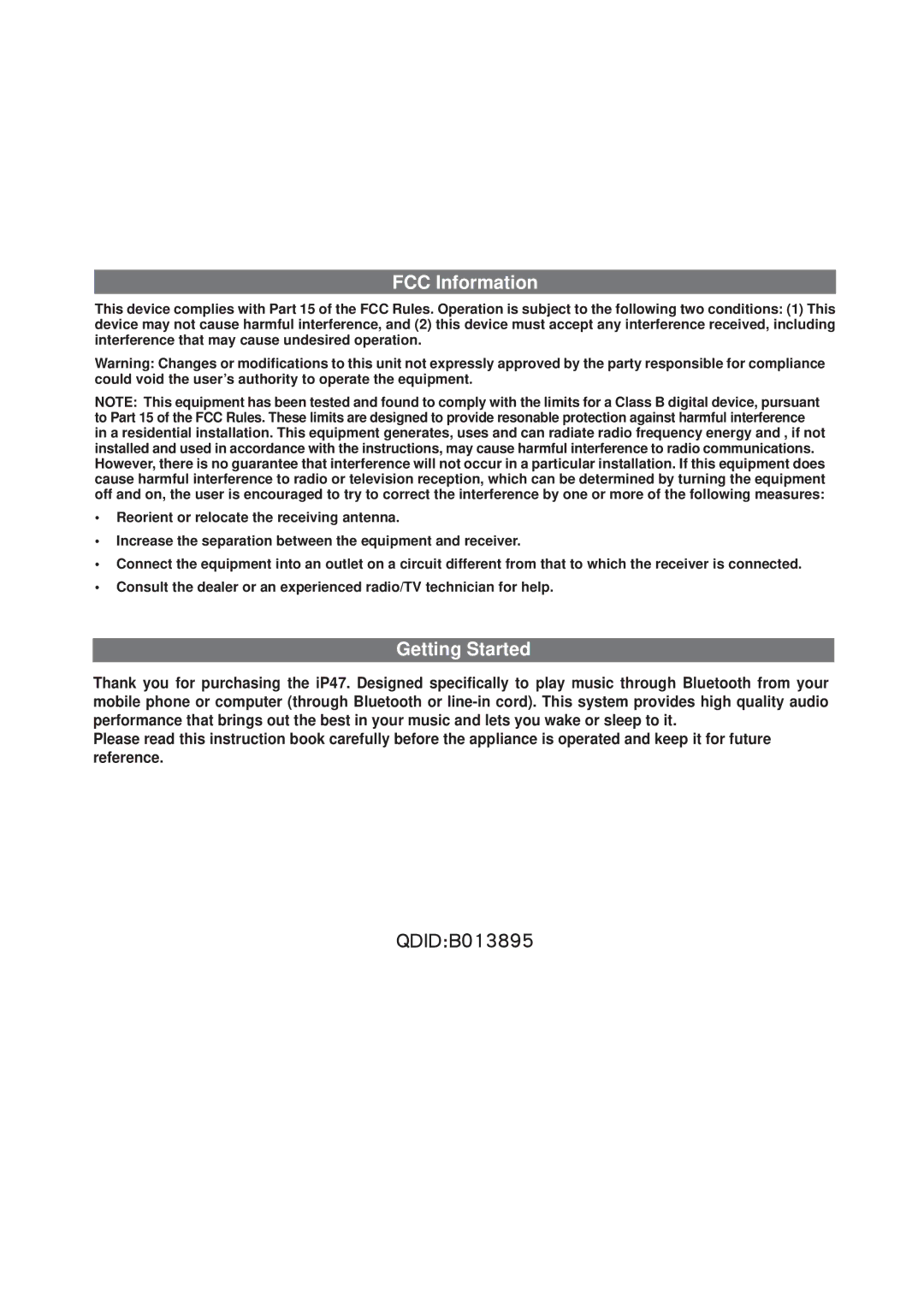 Univex iP47 IB manual FCC Information, Getting Started 