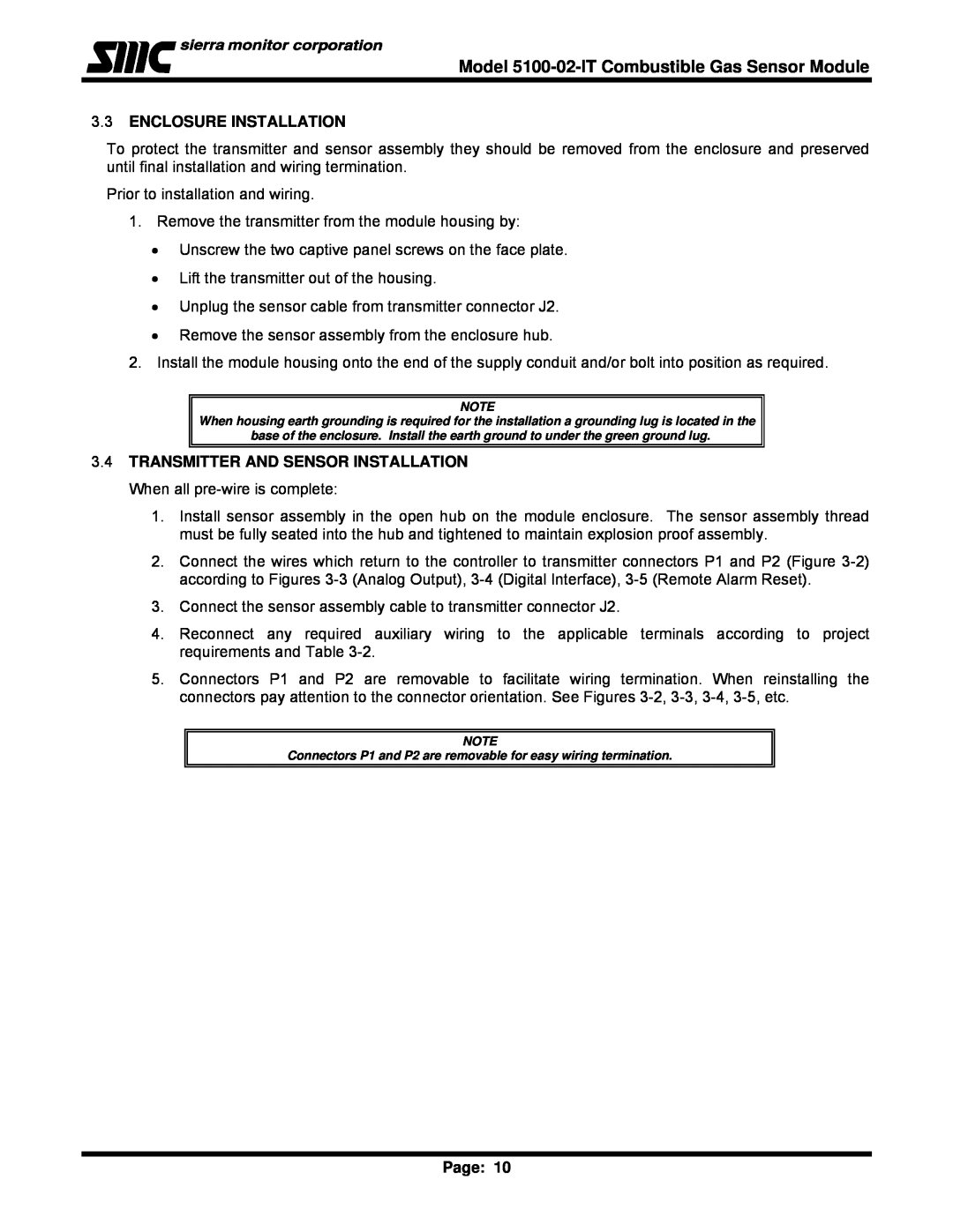 Univex IT Series instruction manual 3.3ENCLOSURE INSTALLATION, Model 5100-02-ITCombustible Gas Sensor Module, Page 