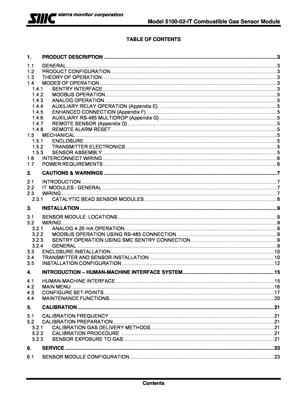 Univex IT Series instruction manual Table Of Contents, Model 5100-02-ITCombustible Gas Sensor Module 