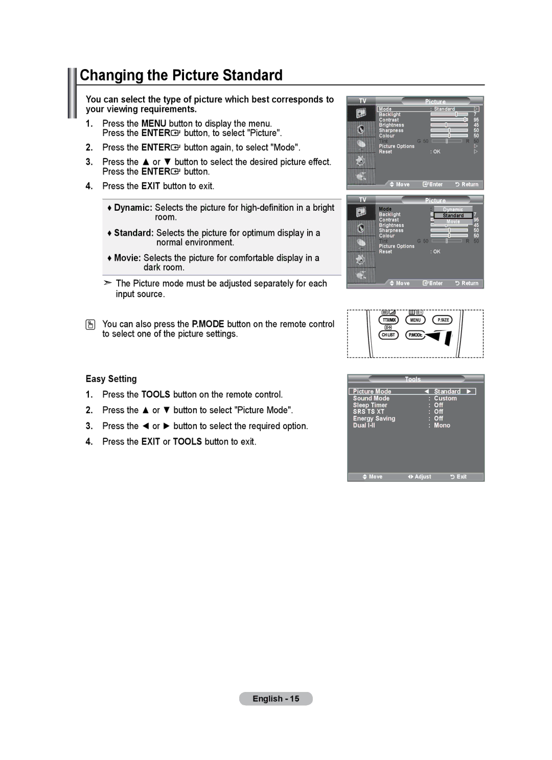 Univex LCD TV user manual Changing the Picture Standard, Easy Setting 