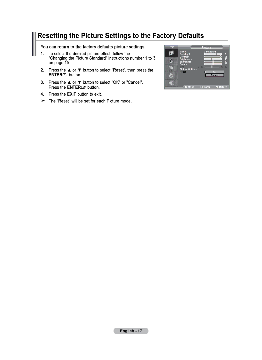 Univex LCD TV user manual Resetting the Picture Settings to the Factory Defaults 