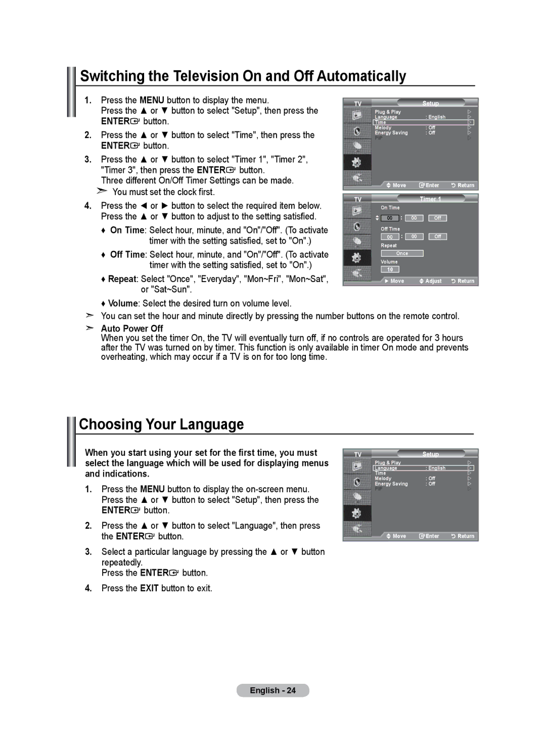 Univex LCD TV user manual Switching the Television On and Off Automatically, Choosing Your Language, Auto Power Off 