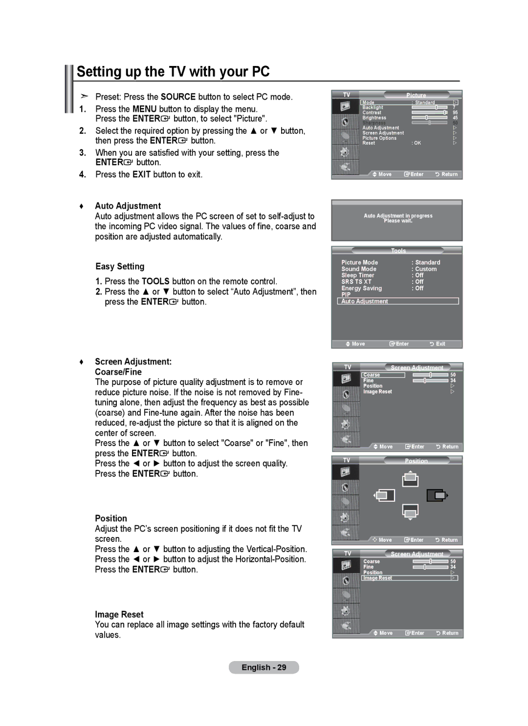 Univex LCD TV user manual Setting up the TV with your PC, Preset Press the Source button to select PC mode, Auto Adjustment 