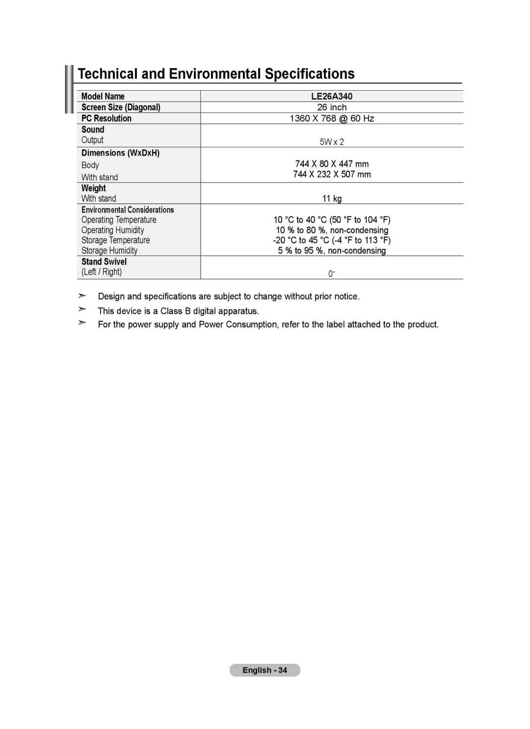 Univex LCD TV user manual Technical and Environmental Specifications 