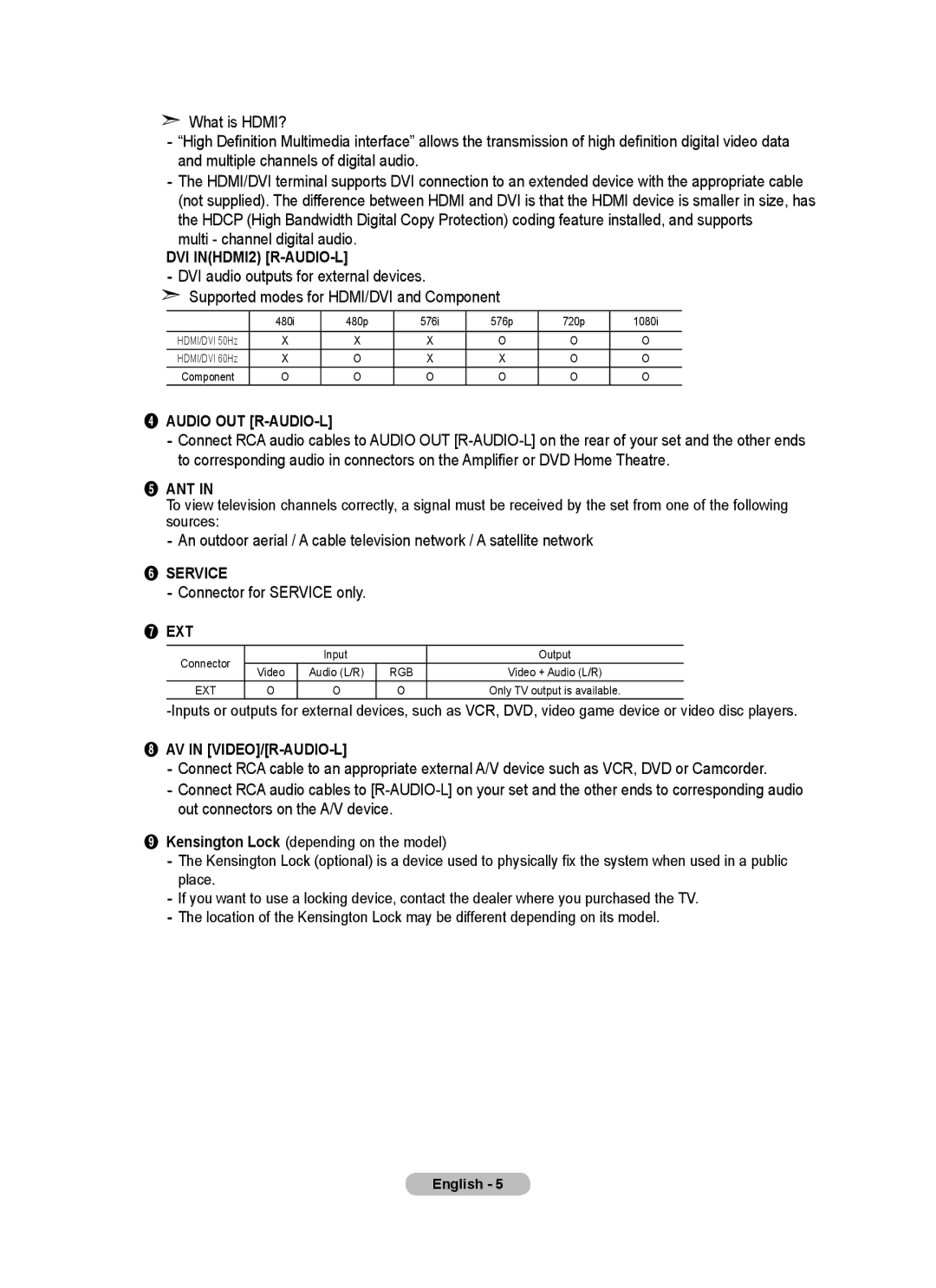 Univex LCD TV user manual Multi channel digital audio, Connector for Service only 