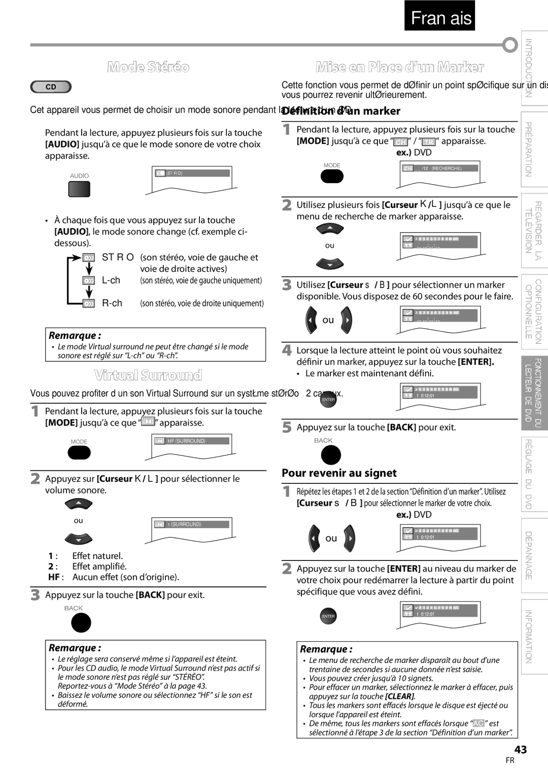 Univex LD190SS1 Mode Stéréo, Mise en Place d’un Marker, Appuyez sur Curseur K/ L pour sélectionner le volume sonore 