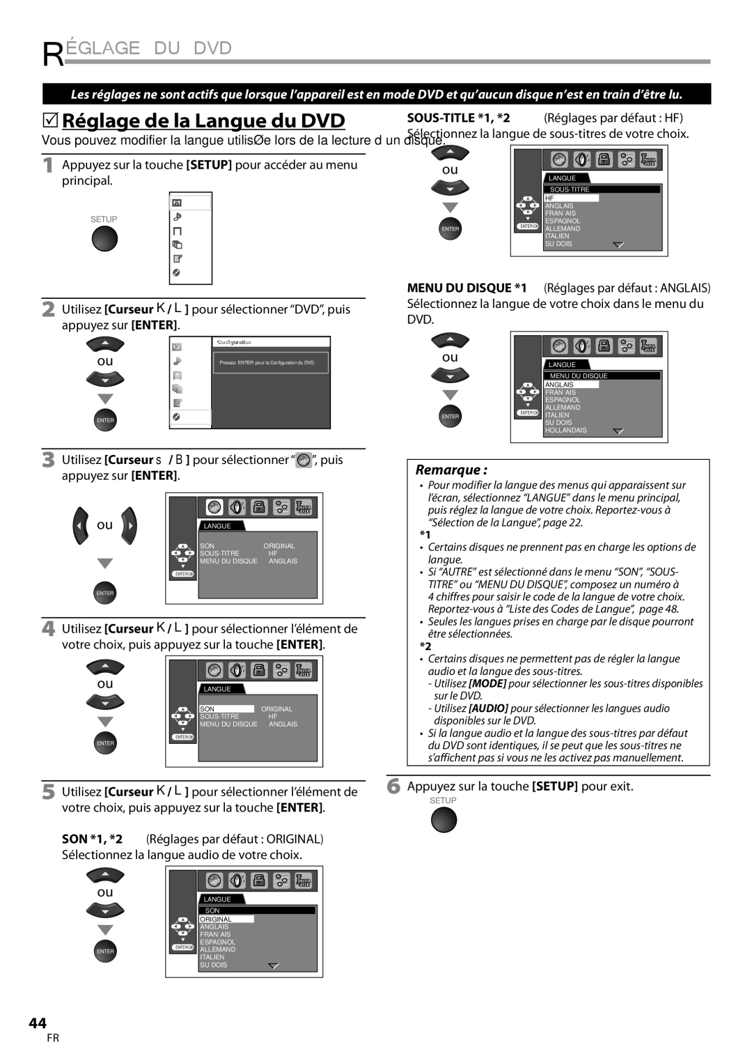 Univex A9DN1UH Réglage DU DVD,  Réglage de la Langue du DVD, Appuyez sur la touche Setup pour accéder au menu principal 