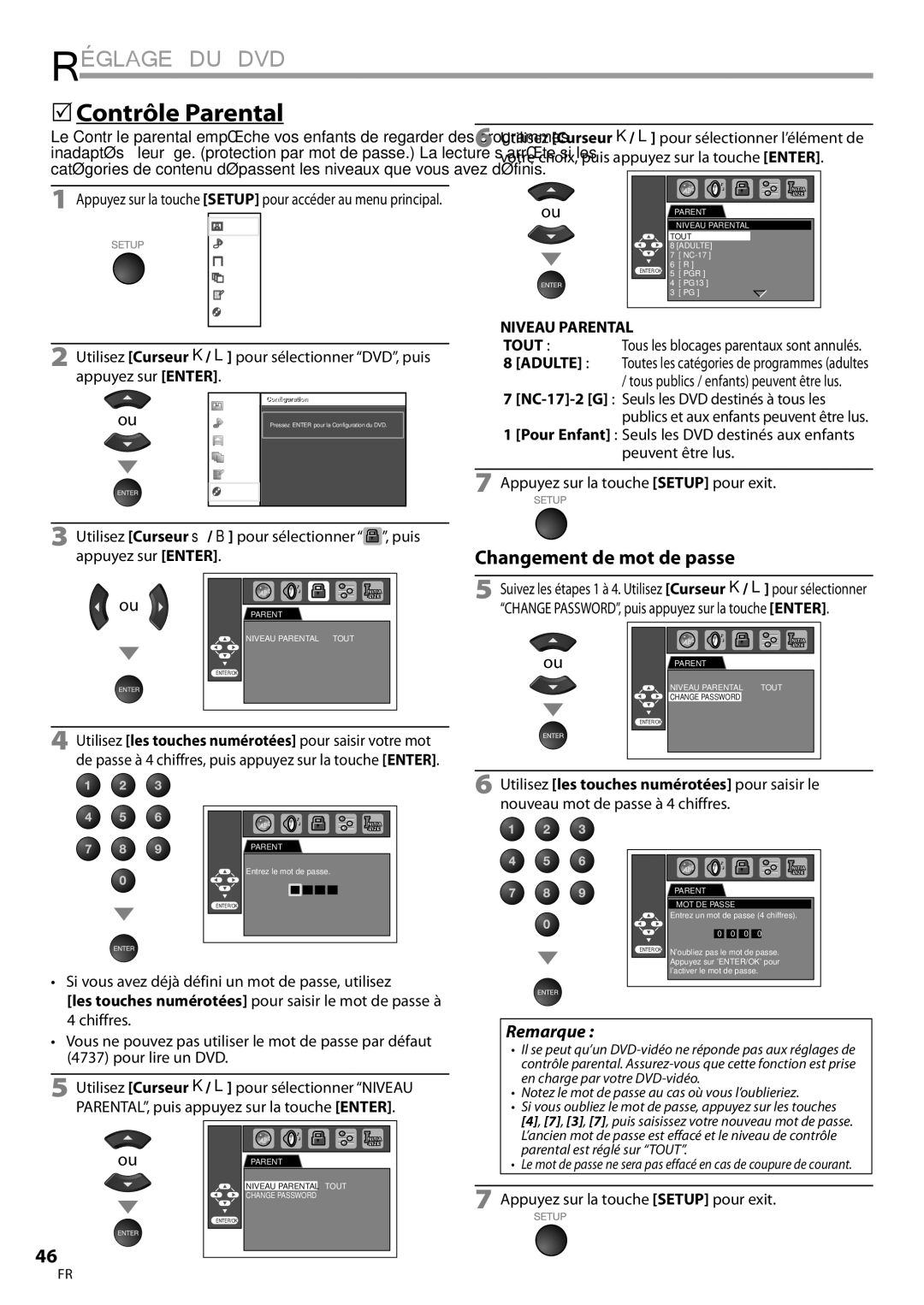 Univex A9DN1UH, LD190SS1 owner manual  Contrôle Parental, Niveau Parental, Tout Tous les blocages parentaux sont annulés 