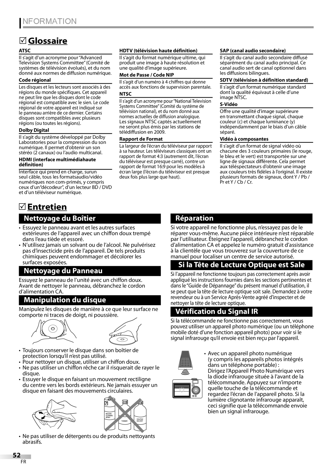 Univex A9DN1UH, LD190SS1 owner manual  Glossaire,  Entretien, Avec un appareil photo numérique 