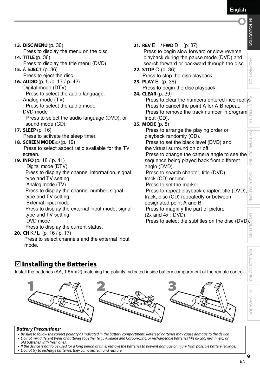 Univex A9DN1UH, LD190SS1 owner manual  Installing the Batteries, Battery Precautions 