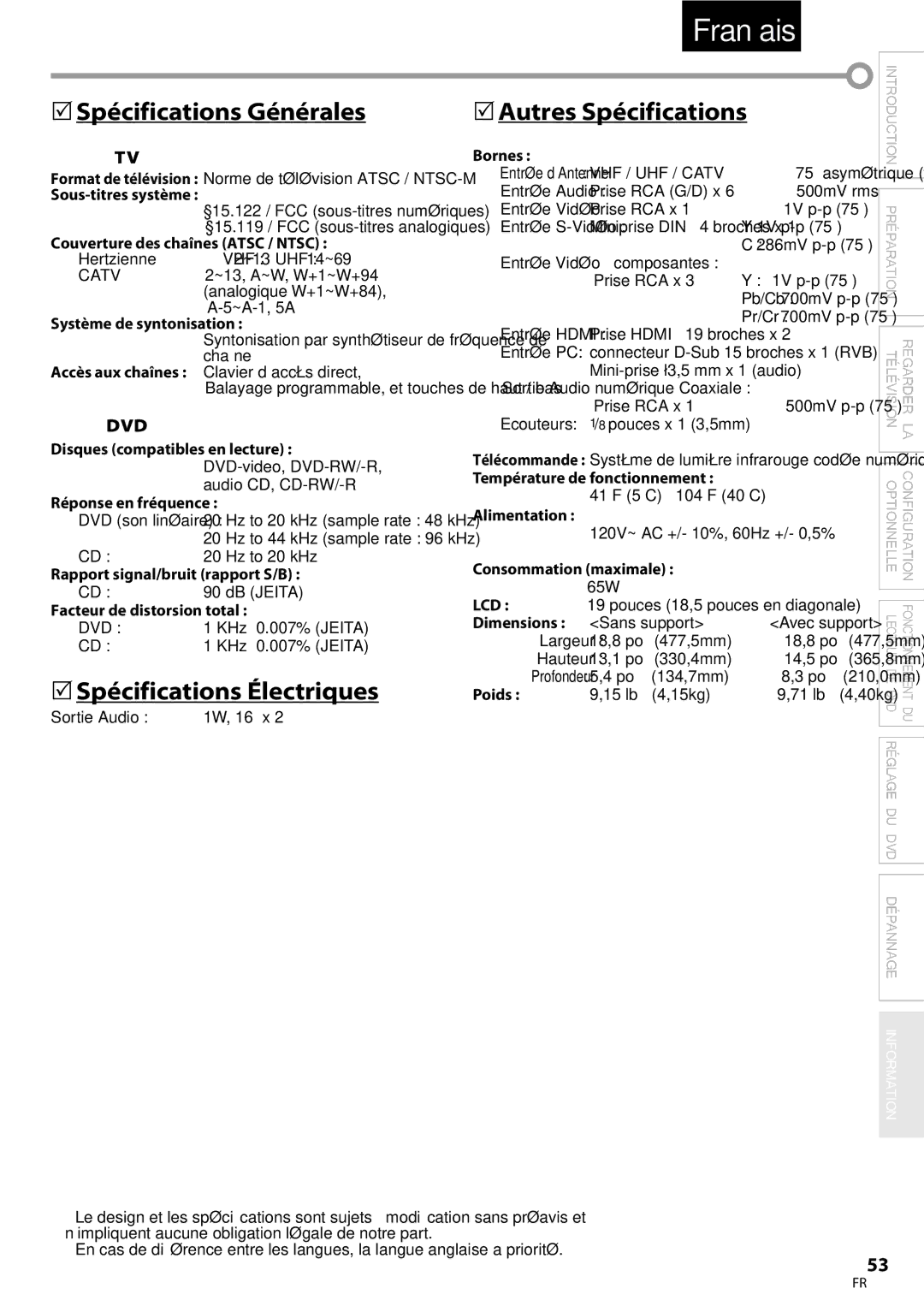 Univex LD190SS1, A9DN1UH owner manual  Spécifications Générales,  Spécifications Électriques 