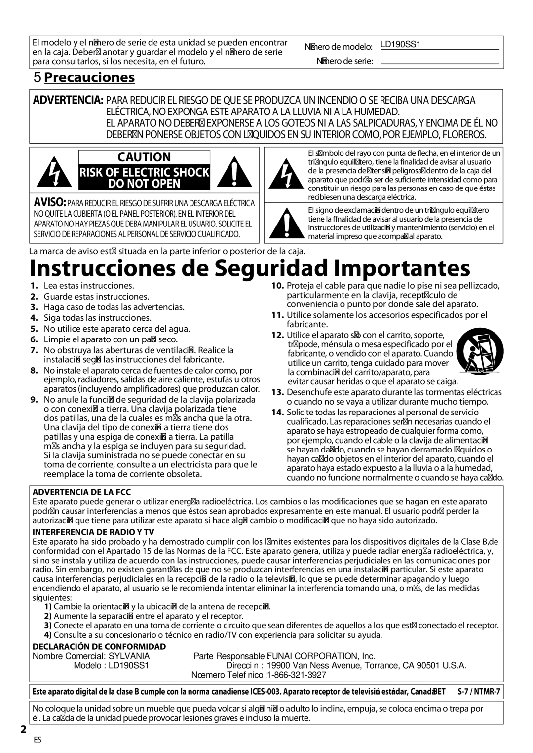 Univex LD190SS1  Precauciones, Para consultarlos, si los necesita, en el futuro, Parte Responsable Funai CORPORATION, Inc 