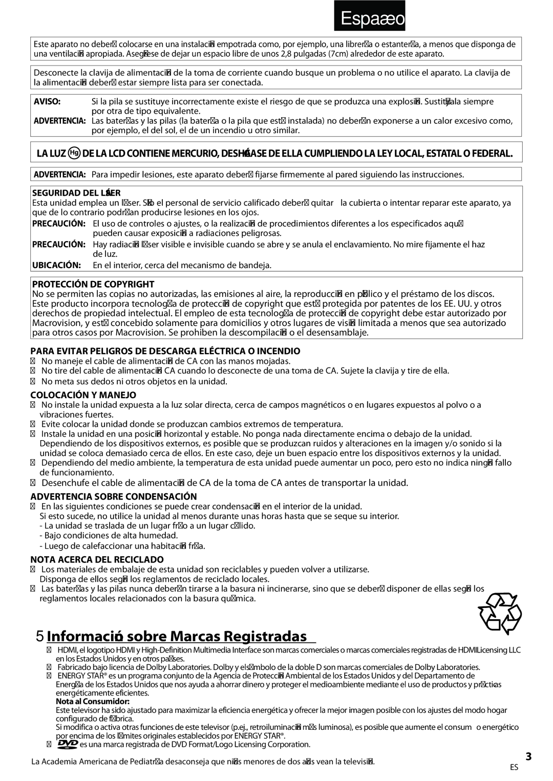 Univex A9DN1UH, LD190SS1 owner manual  Información sobre Marcas Registradas 