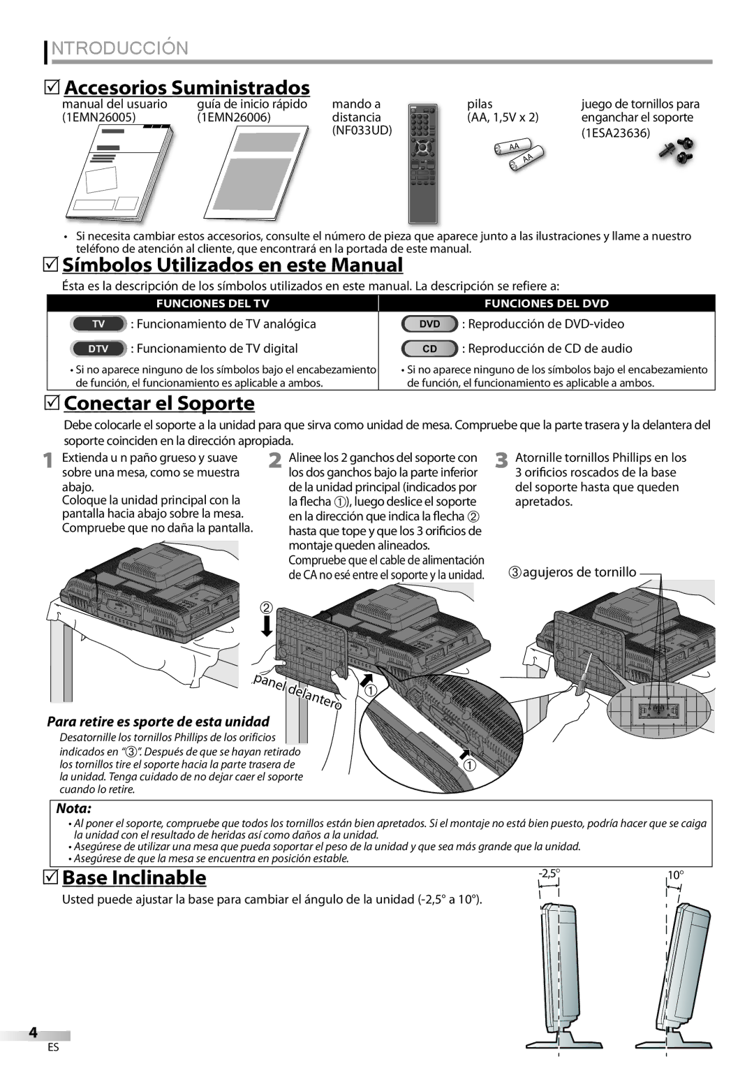 Univex LD190SS1 Introducción,  Accesorios Suministrados,  Símbolos Utilizados en este Manual,  Conectar el Soporte 