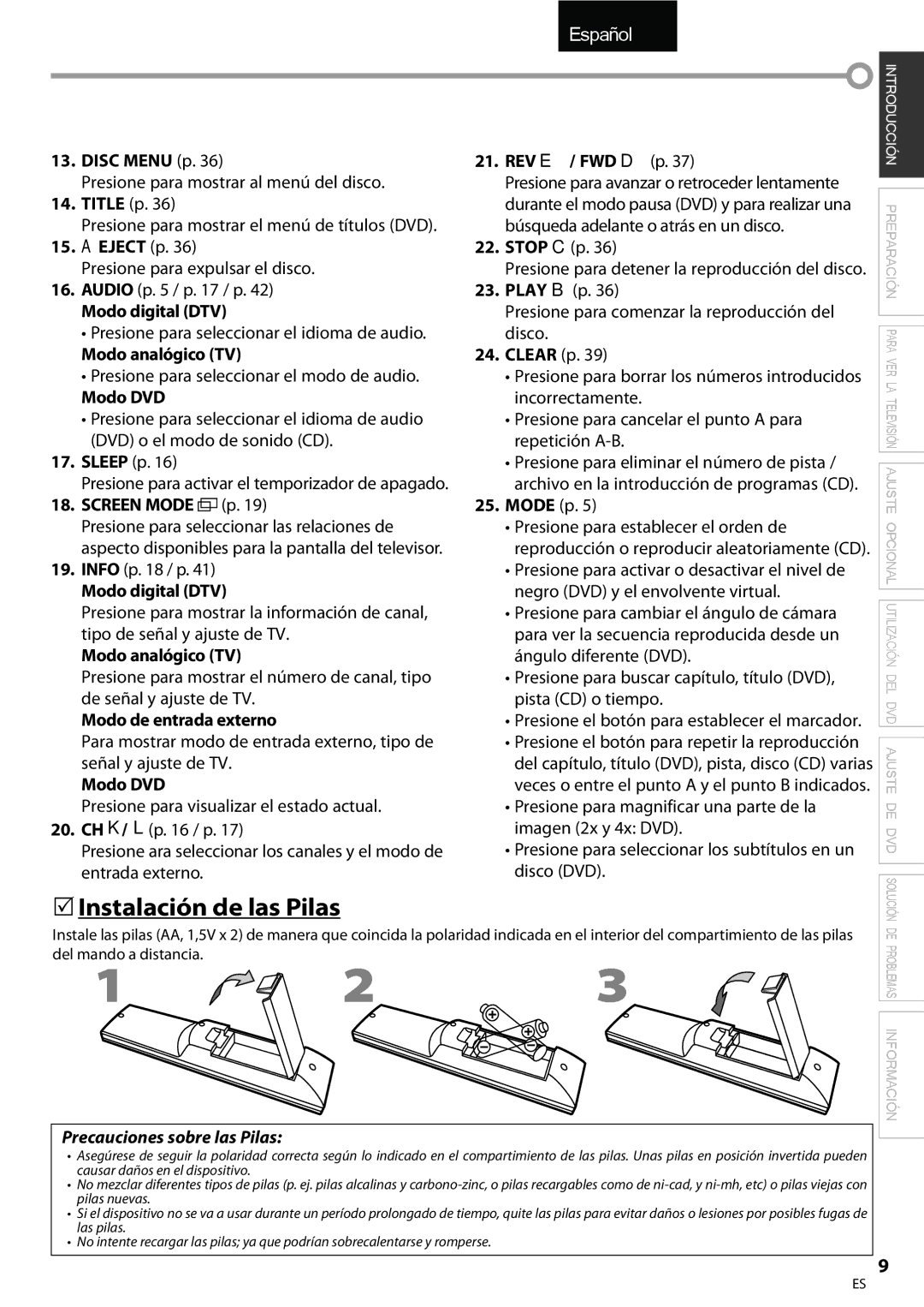 Univex A9DN1UH, LD190SS1 owner manual  Instalación de las Pilas, Precauciones sobre las Pilas 