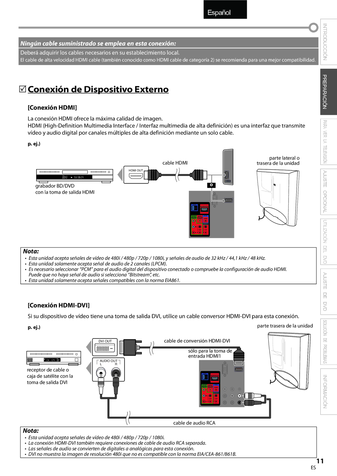 Univex A9DN1UH, LD190SS1 owner manual  Conexión de Dispositivo Externo, Conexión Hdmi, Conexión HDMI-DVI 