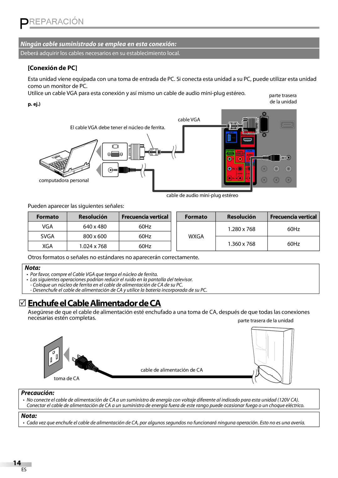 Univex LD190SS1  EnchufeelCableAlimentadordeCA, Conexión de PC, Precaución, Pueden aparecer las siguientes señales 